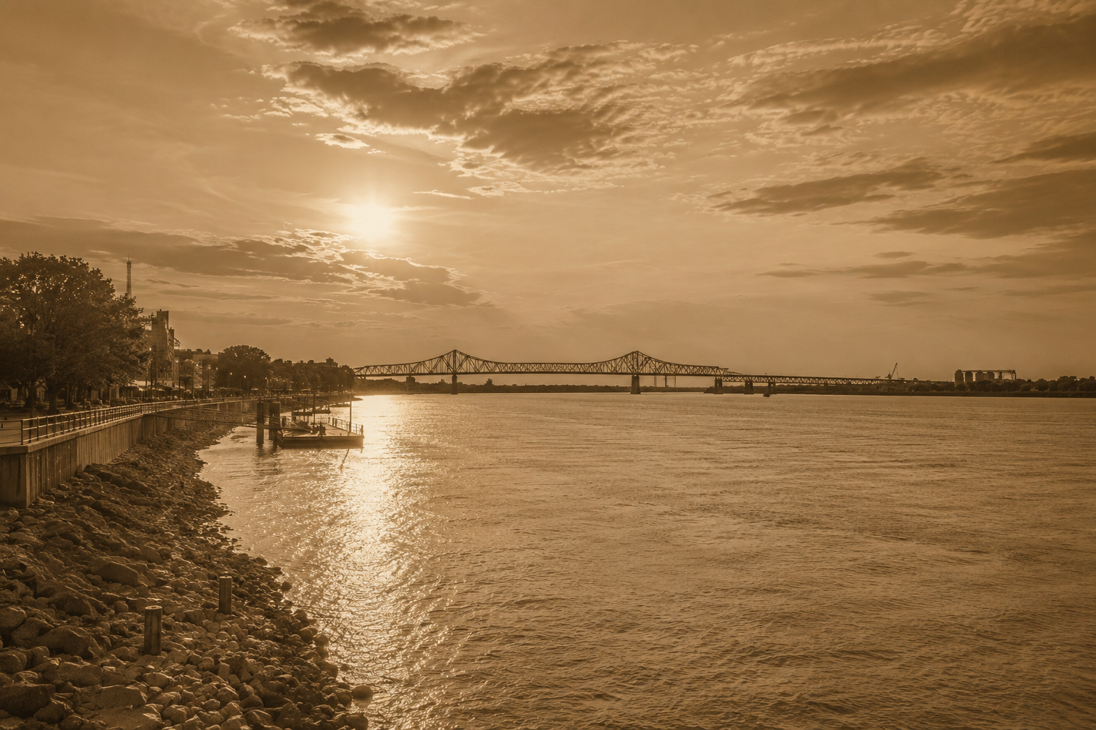 The Mississippi River at sunset in Baton Rouge, with a steel bridge in the distance, shown in warm sepia tones