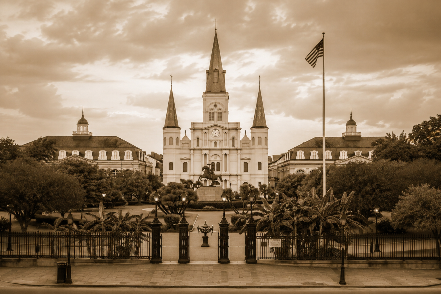 St. Louis Cathedral at Jackson Square in New Orleans, Louisiana, shown in warm sepia tones
